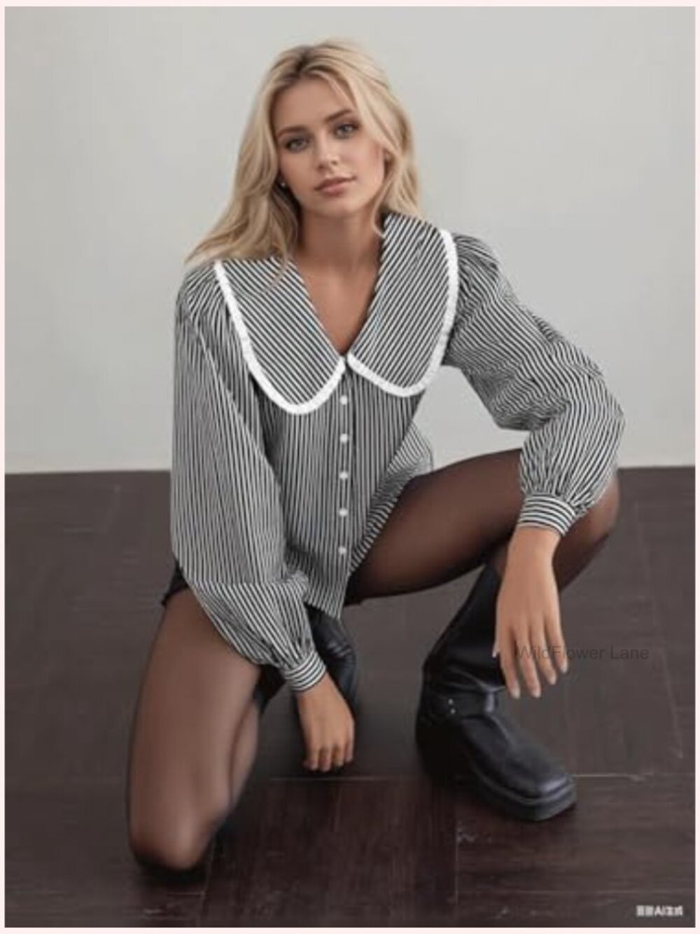 Striped V-Neck Button Down Blouse Long Puff Sleeve Babydoll Top - Picture 3 of 5